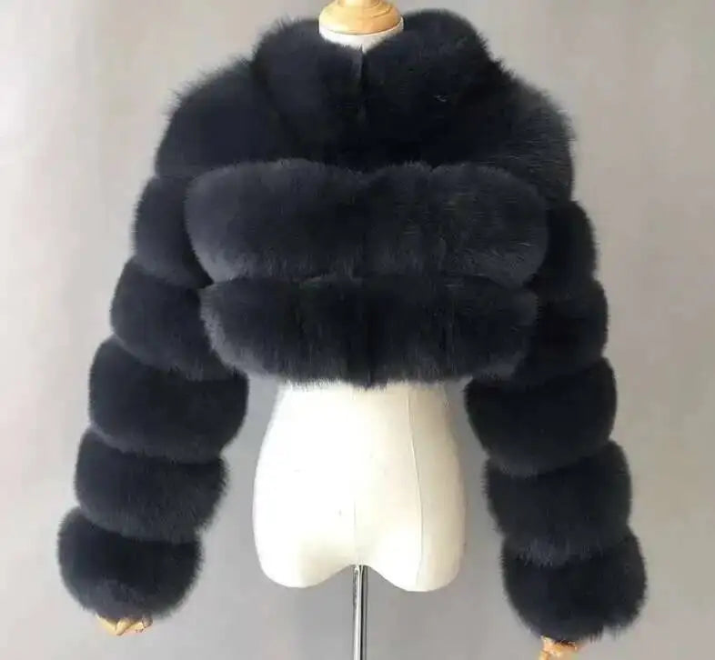 DEAT Fashion Women's Faux Fur Coat Stand Neck Long Sleeve Zipper Short Solid Color Thick Warm Jackets Winter 2024 New 7AB6434