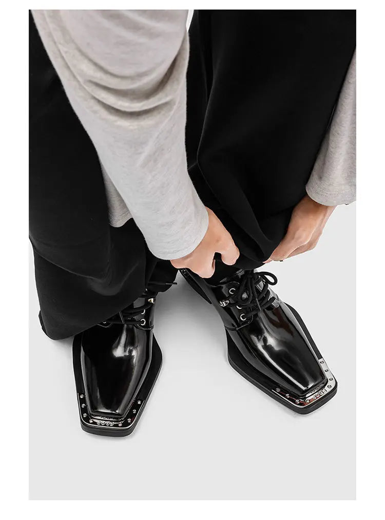 Metal Square Toe Derby Shoes Fashionable Thick Soled Lace Up Design Upturned Toe Thick Heel Trendy Men's Casual Leather Shoes