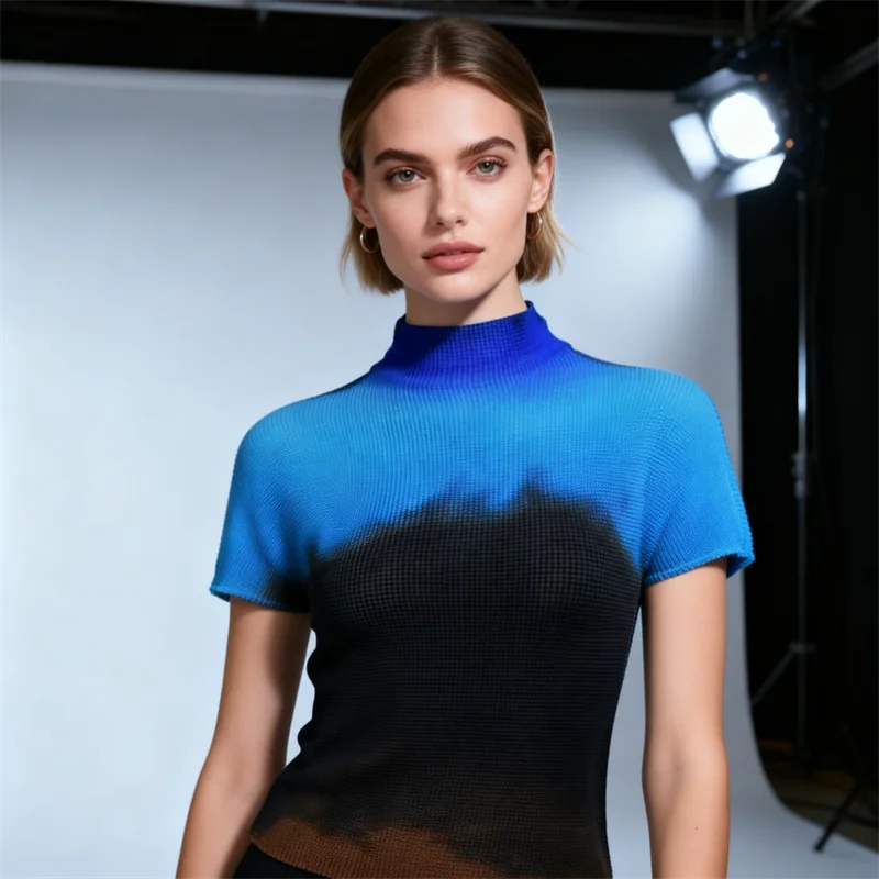 Miyake Pleated Women's Casual Tops 2026 Summer New Gradient Color Thin Stretch Half Turtleneck Short-sleeved T-shirt for Women