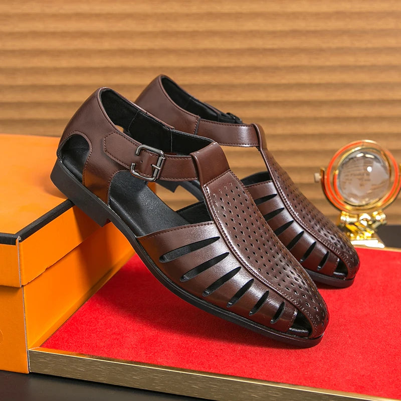 Brand's New Men's Summer Oversized Breathable Sandals Retro Pointed Men's Fashion Trend Hollowed Out Comfortable Leather Shoes