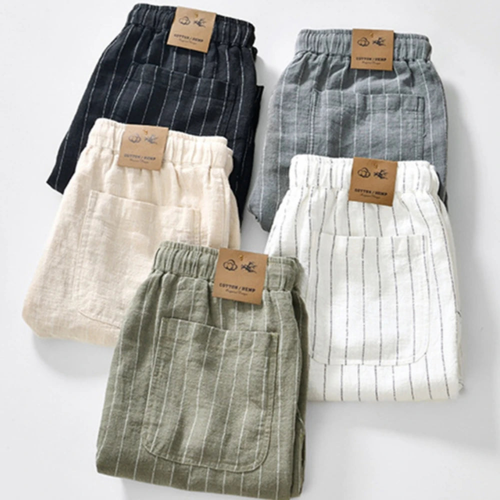 Summer cotton linen men's beach shorts loose fit breathable ramie striped straight daily causal pants for men