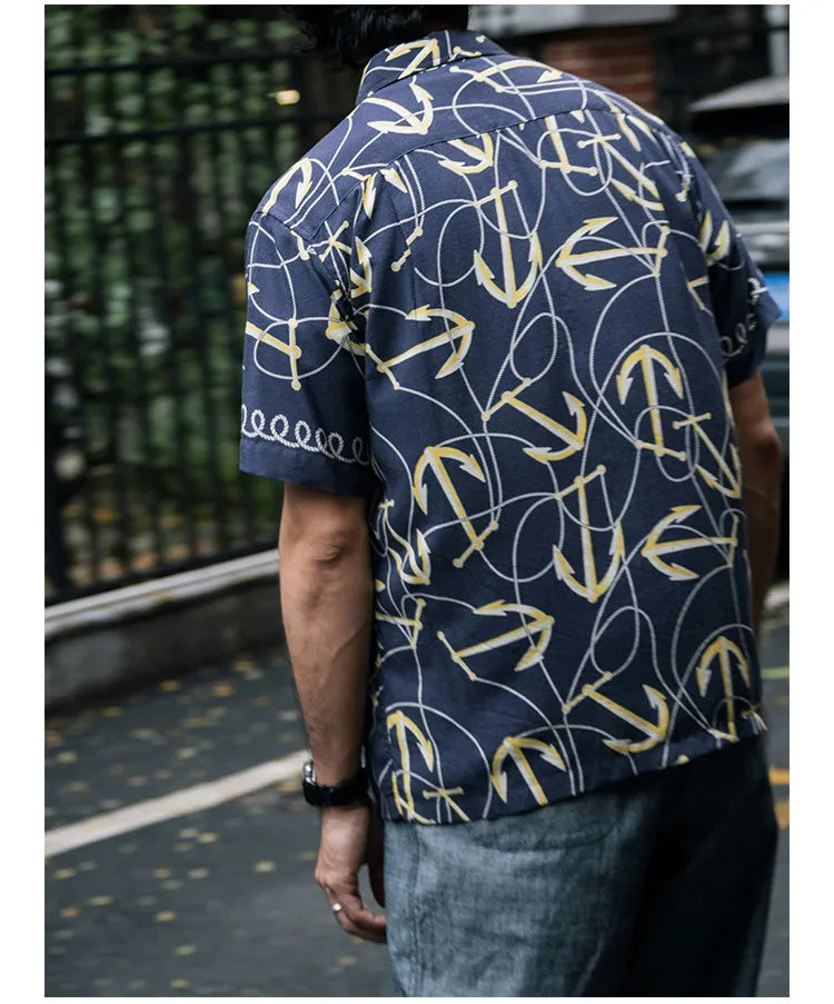 Rugged Bronson Anchor Border Rayon Camp Shirt Old-Fashion Men's Hawaiian Shirt For Beach Vacation