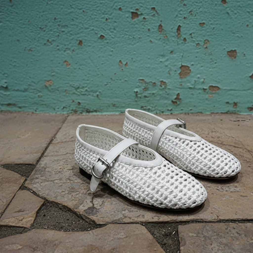 In style Fashion Summer Woven Women Ballet Flats Breathable Hollow out Mary Janes Leather Lazy Walking Loafers Girls Shoes