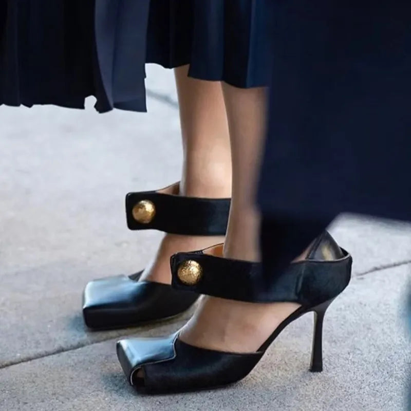 Vintage Square toe Patchwork Leather Women Pumps Fashion Spring Autumn Mary Janes Horsehair Stiletto High heels Party Prom Shoes