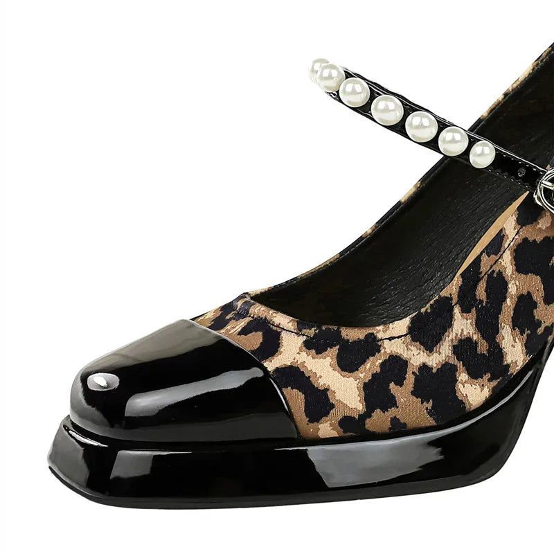 Fashion Leopard Printed Patchwork Pearls Women Pumps Spring Summer Platform Wedges Mary Janes High heels Chunky Dress Shoes