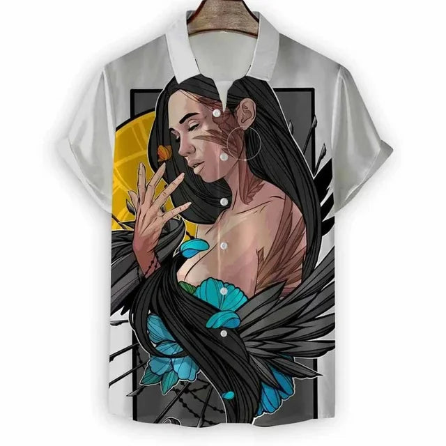 2024 New Beach Modern Girls Print Men's Shirt Casual Fashion Shirt Button Lapel Streetwear Oversized Men's Short Sleeve Shirt