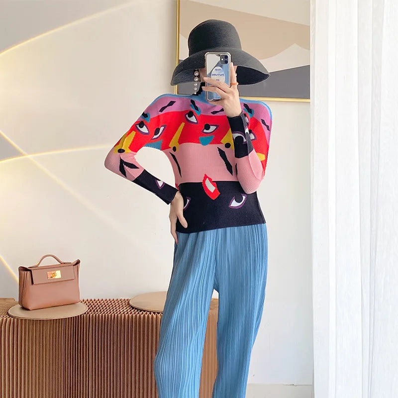 Miyake Pleated Contrasting Colors T-shirt Women Half Turtleneck Skinny Pullover 2025 Summer Fashion Female Clothing