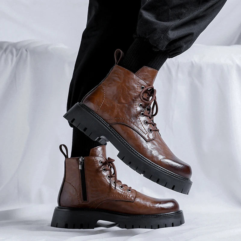 New Fashion Lace Up Casual Mens Boots Mens Thick Sole Ankle Boots Trendy Comfortable Mens Classic Black/Brown Motorcycle Boots