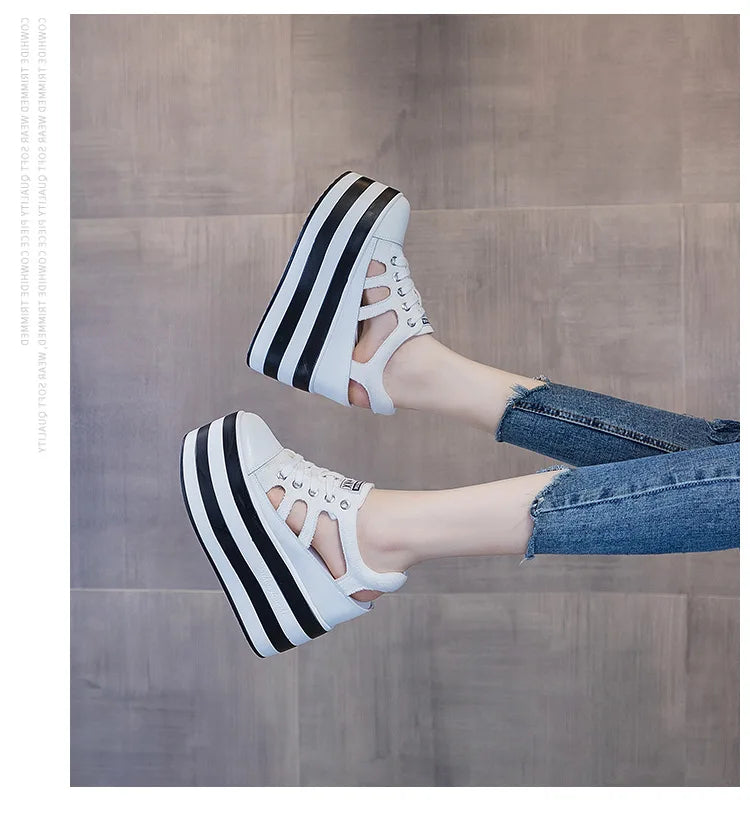 Fujin 12cm Platform Wedge Shoes Sandals for Women Sneakers Summer Shoes Hollow Cut Summer Sneakers Genuine Leather