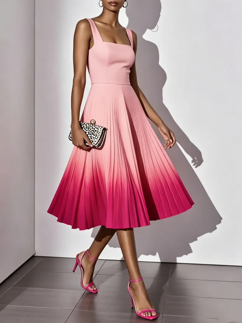 Square Neck Wide Strap Fitted Bodice Gradient Pleated Flared Midi Dress  A Line Elegant Cocktail Party Knee Length Gown