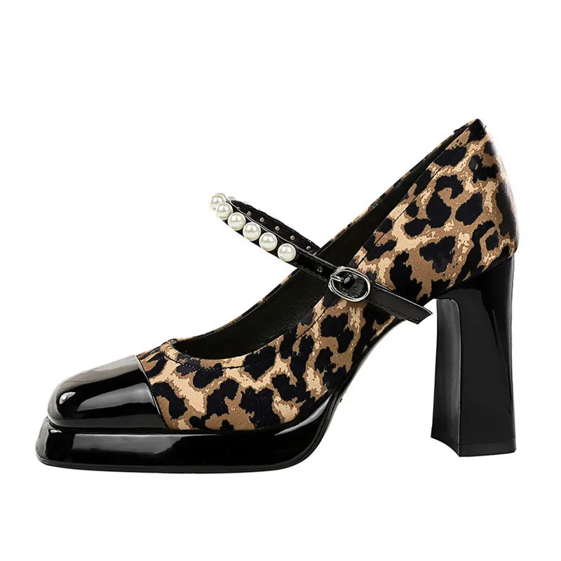 Fashion Leopard Printed Patchwork Pearls Women Pumps Spring Summer Platform Wedges Mary Janes High heels Chunky Dress Shoes