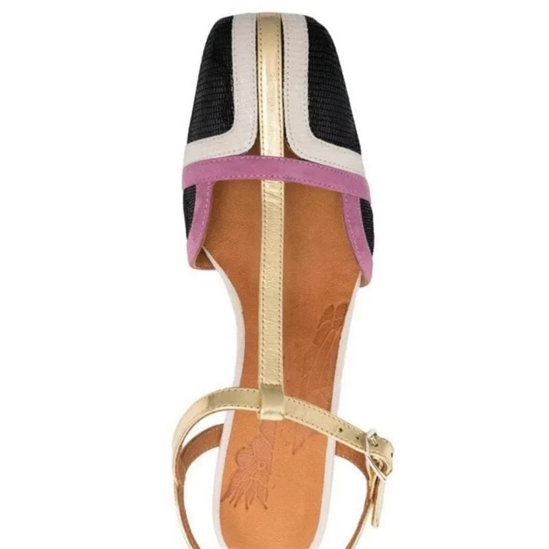 Dilalula 2025 Summer French Style T-Strap Genuine Leather Sandals Women Covered Toe High Heels Mixed Color Party Dating Sandals