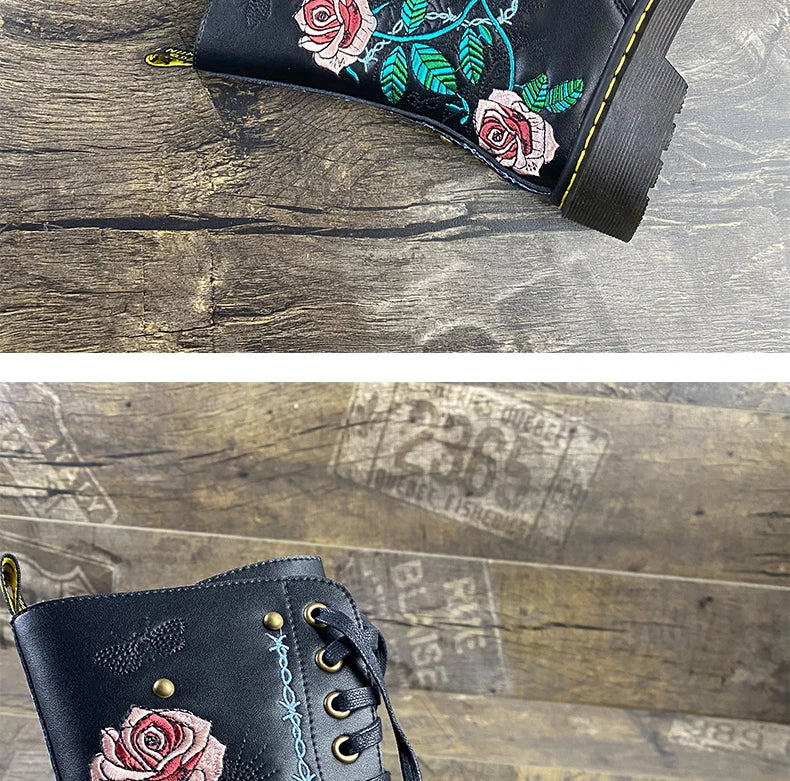 Ods Handmade Embroidery Rose Flower Retro Lace-up Mt Woman Genuine Leather Round Toe British Style Ankle Boots Big Size 40414243