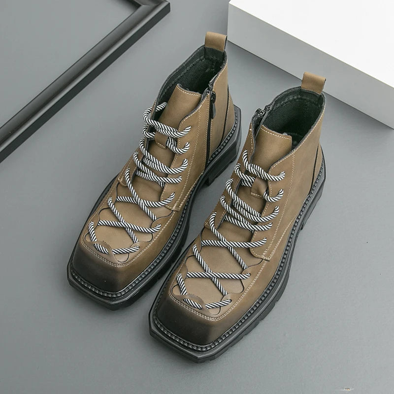 Autumn New Men Comfortable Lace Up Side Zipper High Top Leather Shoes Fashion Brand Round Toe Thick Soled Non Slip Outdoor Boots
