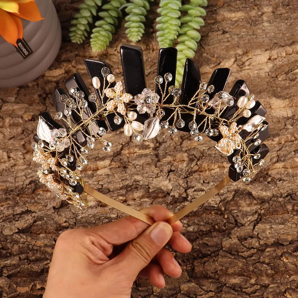 Natural Amethyst Quartz Crown Raw Stone Wand Hairpin with Flower Rhinestone Hand Crafted Women Hair Band for Party Birthday Gift