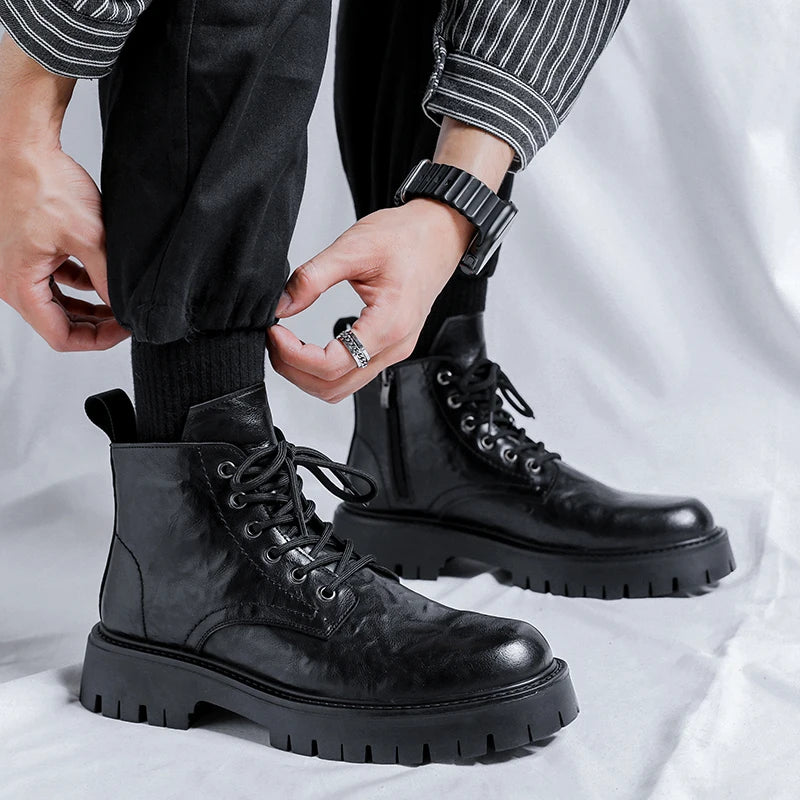 New Fashion Lace Up Casual Mens Boots Mens Thick Sole Ankle Boots Trendy Comfortable Mens Classic Black/Brown Motorcycle Boots