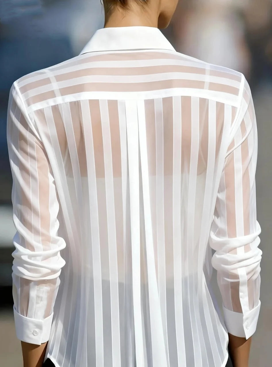 Sheer Vertical Stripe Button Down Shirt Long Sleeve Collared Blouse For Women Office Top