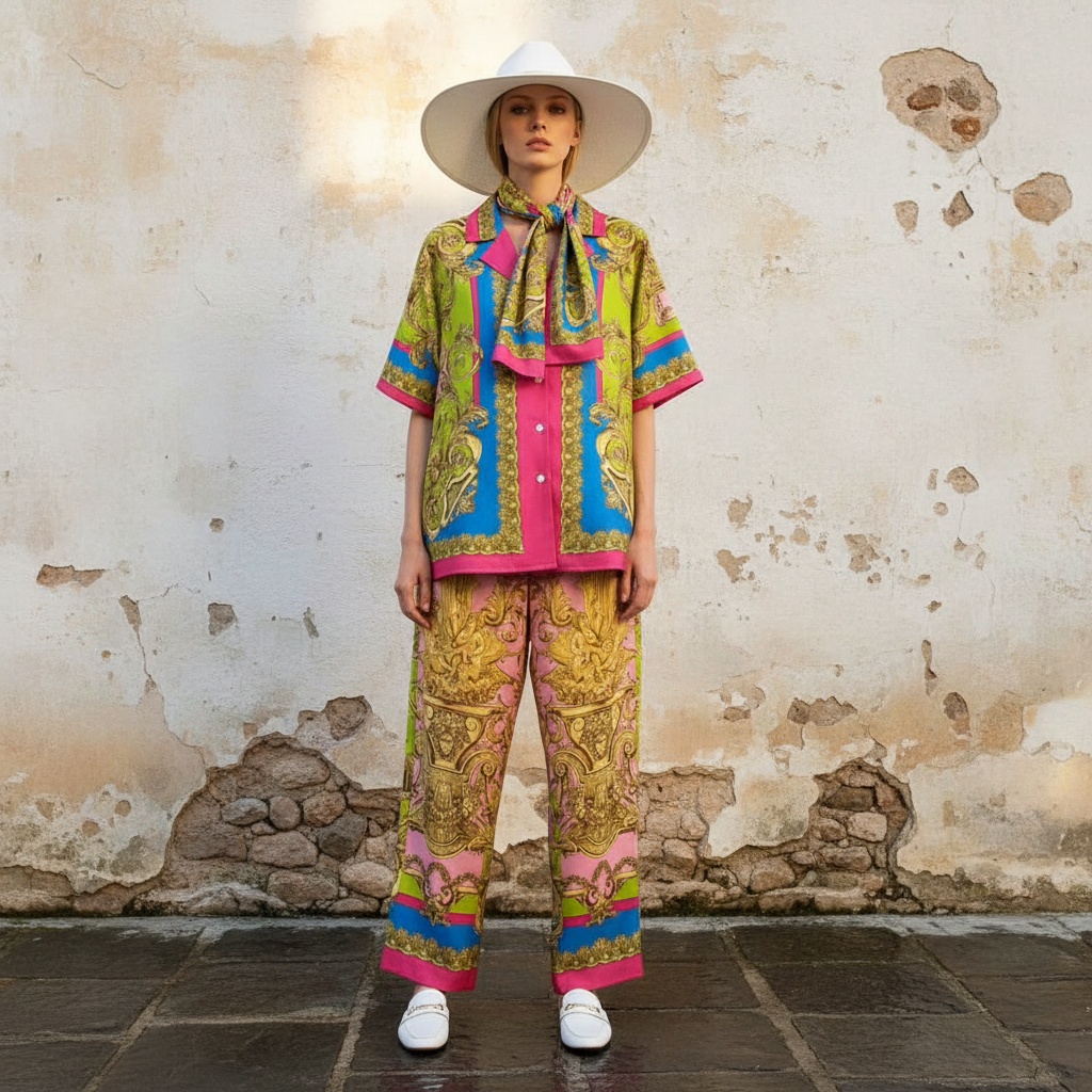 2026 women's retro geometric printed pajama style shirt two-piece set+elastic knitted cropped pants fashion set+scarf