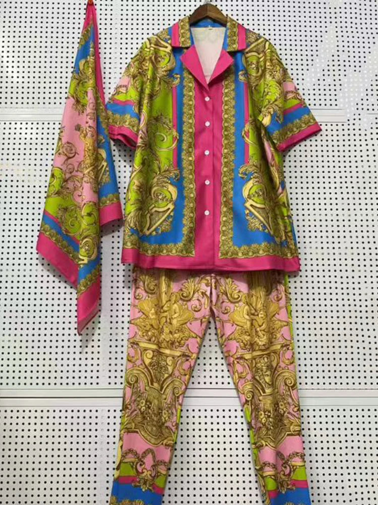 2026 women's retro geometric printed pajama style shirt two-piece set+elastic knitted cropped pants fashion set+scarf