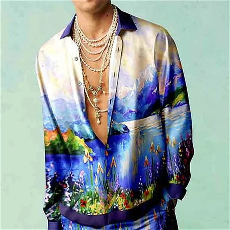 Casual Simple Long Sleeve Shirt Men's Fall Men's Shirt Long Sleeve Men's Ethnic Style Graphic 3d Print Holiday Button Men's Shir