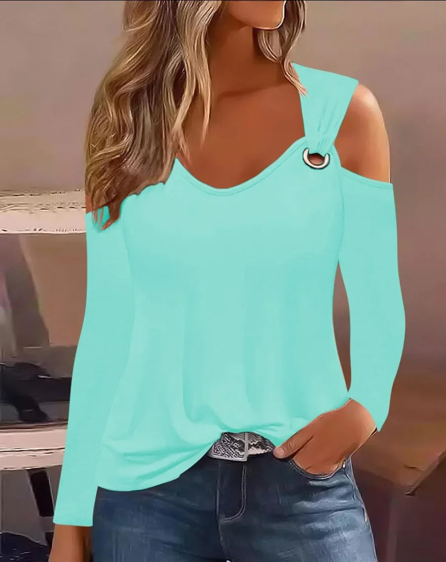 Womens Floral Print Cold Shoulder Long Sleeve Top Ring Strap V Neck Loose Casual Daily Commute Fashion Blouse