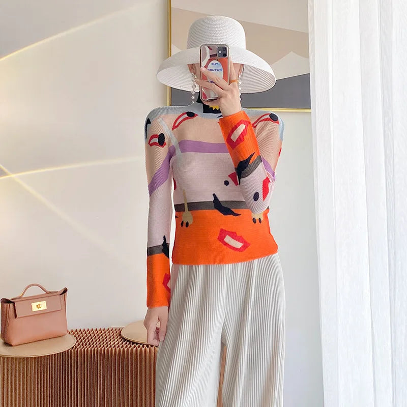 Miyake Pleated Contrasting Colors T-shirt Women Half Turtleneck Skinny Pullover 2025 Summer Fashion Female Clothing