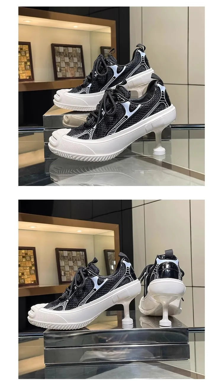 Summer Adult Girls High Heeled Dad Shoes Women Spring Versatile Breathable Lace up Casual Shoes Fashion Sports Mesh High Heels
