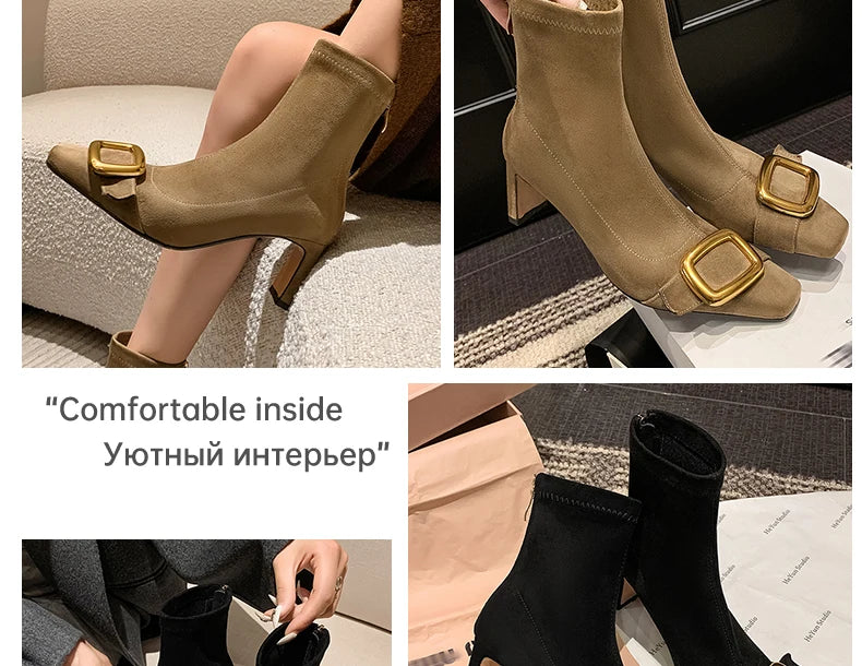 Ods Personalized Low-heeled Fashion Boots for Fall/winter New Pointed Metal Square Buckle Back Zipper Stretch Thin Ankle Boots42