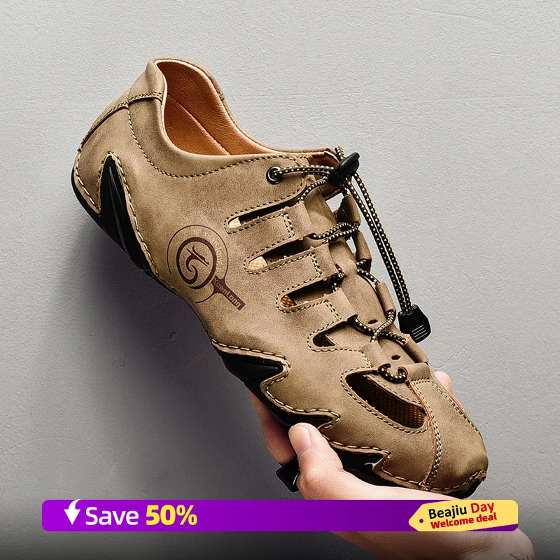 Men's slippers flat bottomed beach breathable genuine leather business casual non slip lightweight hollow out outdoors sandals