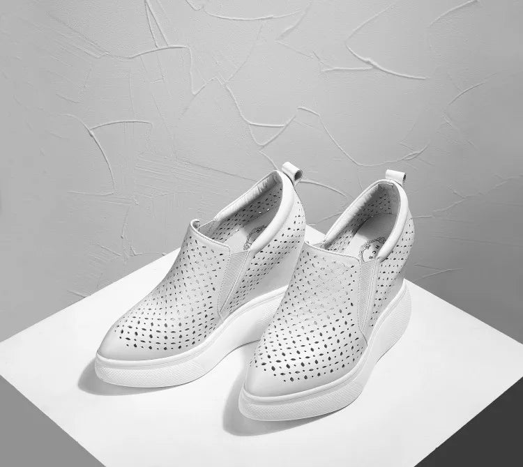 High Heels Hollow Out Shoes Casual Black White Women Sneakers Leisure Platform Shoes Slip-On Breathable Height Increasing Shoes