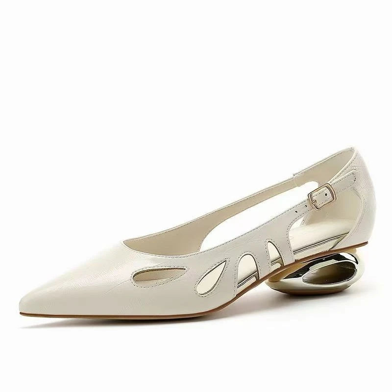 Cutout Low Heel Single Shoes Women's Pointed Toe Shallow Mouth One Strap Non-Slip Wear-Resistant Block Heel Shoes