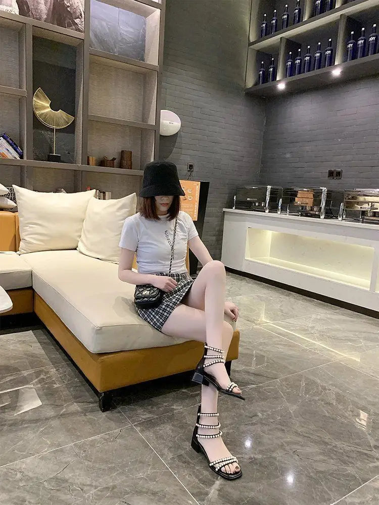 Pearl with Medium Heels Summer 2025 Women's Shoes Sandals for Woman Square Footwear Black Comfort Anti Slip Hot Vip The Best H F