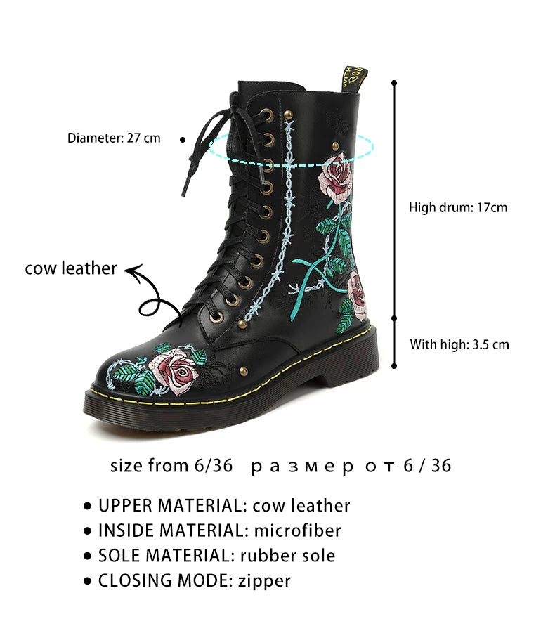 Ods Handmade Embroidery Rose Flower Retro Lace-up Mt Woman Genuine Leather Round Toe British Style Ankle Boots Big Size 40414243