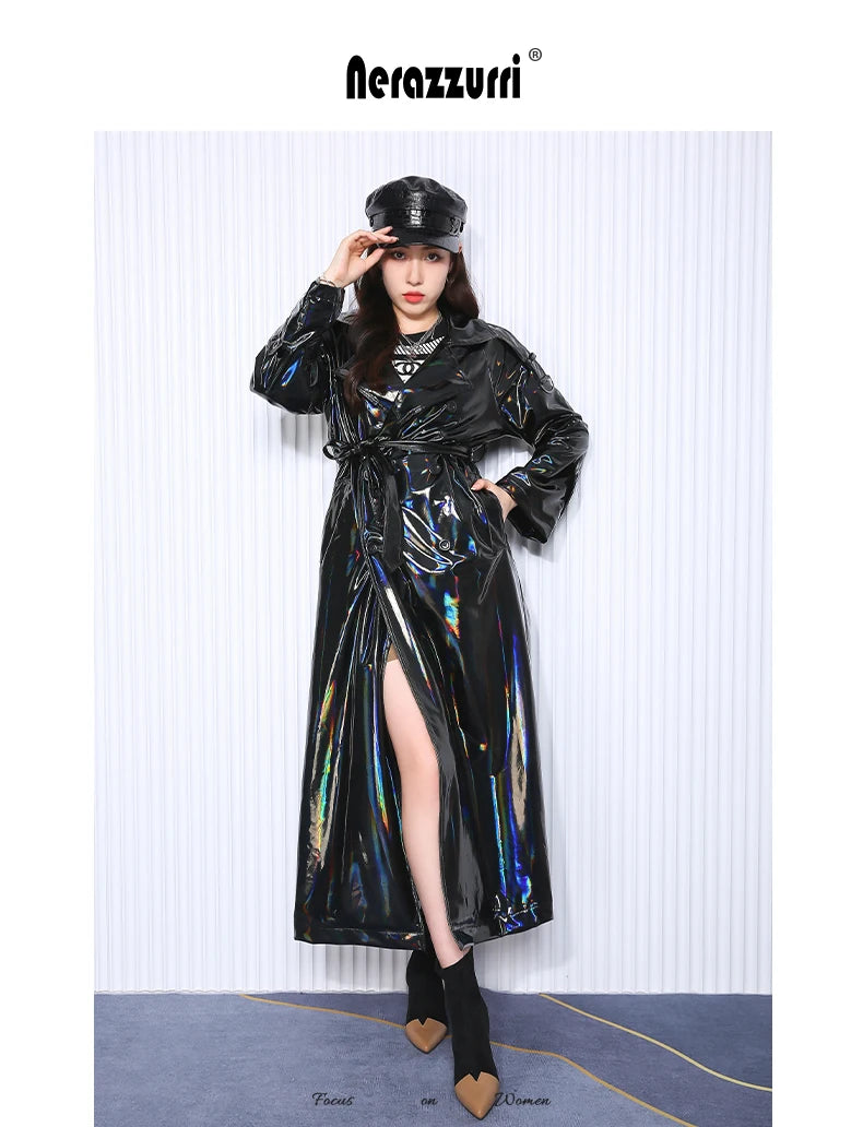 Nerazzurri Autumn Extra Long Black Holographic Shiny Reflective Stretchy Soft PVC Leather Trench Coat for Women European Fashion