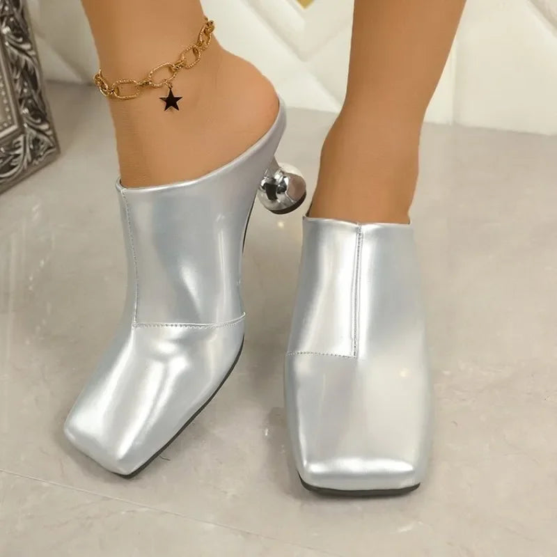 New High Heels Slipppers Elegant Women Slides Square Toe Shallow Summer Dress Mules Sexy Metal Strange Style Heels Shoes Size 42