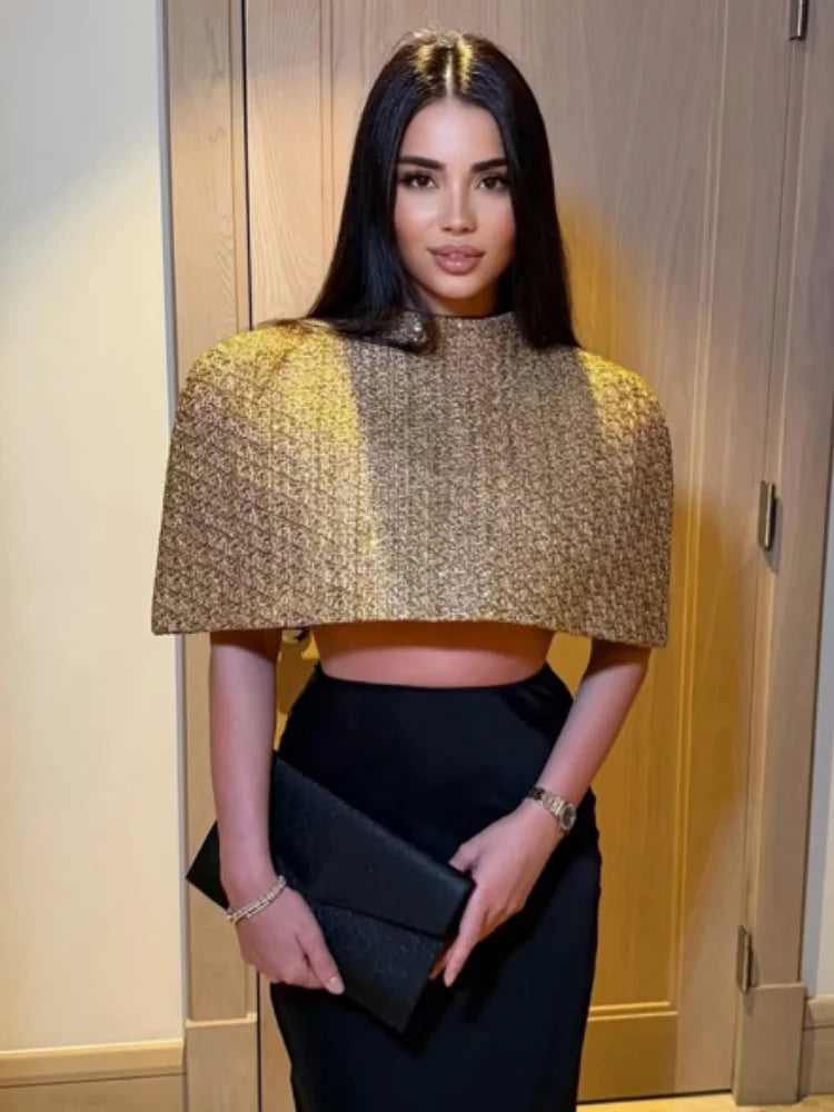 Elegant Chic Gold Sparkle Capelet Top Shiny Tweed Shoulder Wrap Turtleneck Short Cloak New Lady Evening Club Party Tops 2026