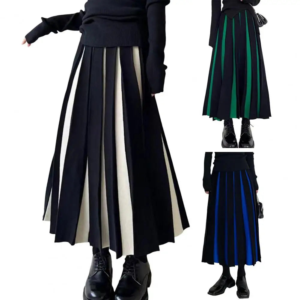Women Midi Skirt High Waist Patchwork Color Pleated Skirt Ladies Autumn Knitting Skirt Women Versatile Comfortable Daily Wear