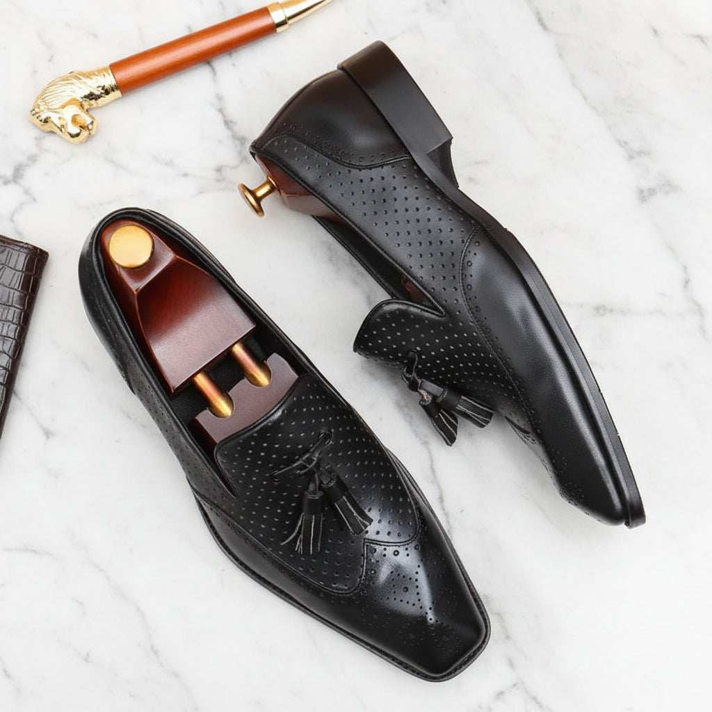 Male Tassel Formal Business Loafers Summer Hollow Out Breathable Genuine Leather Shoes for Men Shallow Casual Oxford Shoes