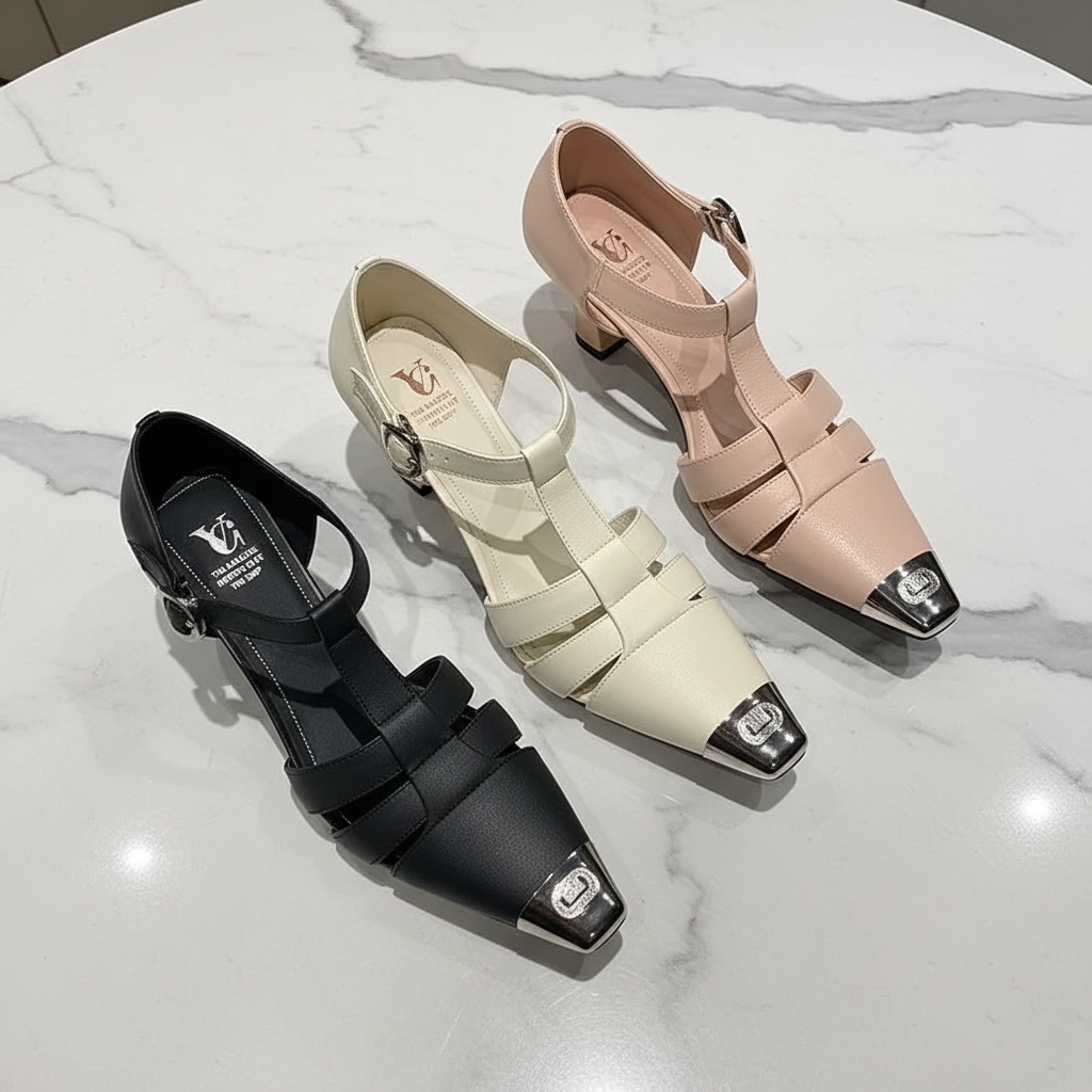 Elegant Genuine Leather Sandals Women T-Strap Metal Covered Toe Office Ladies Sandals Female Covered Back Sandals