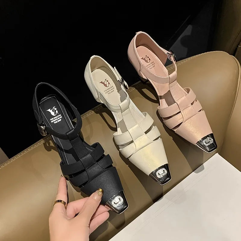 Elegant Genuine Leather Sandals Women T-Strap Metal Covered Toe Office Ladies Sandals Female Covered Back Sandals