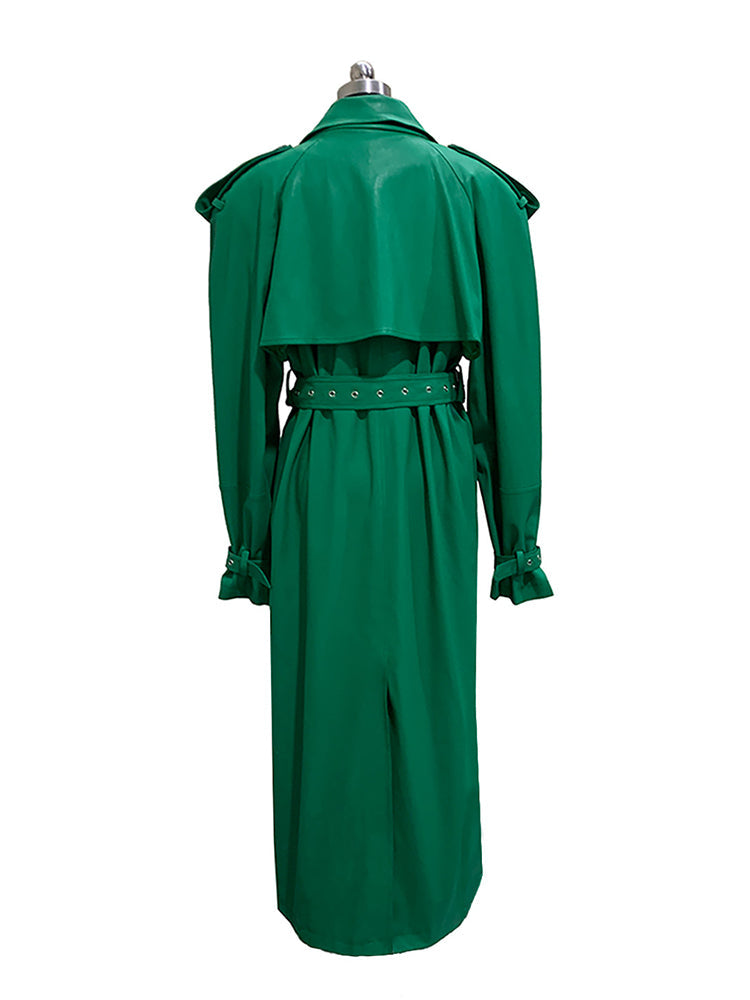 Nerazzurri Autumn Extra Long Soft Green Oversized Pu Leather Trench Coat for Women Shoulder Pads Belt Double Breasted Overcoat