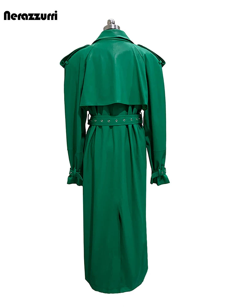 Nerazzurri Autumn Extra Long Soft Green Oversized Pu Leather Trench Coat for Women Shoulder Pads Belt Double Breasted Overcoat