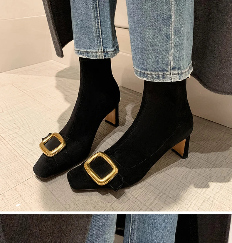 Ods Personalized Low-heeled Fashion Boots for Fall/winter New Pointed Metal Square Buckle Back Zipper Stretch Thin Ankle Boots42