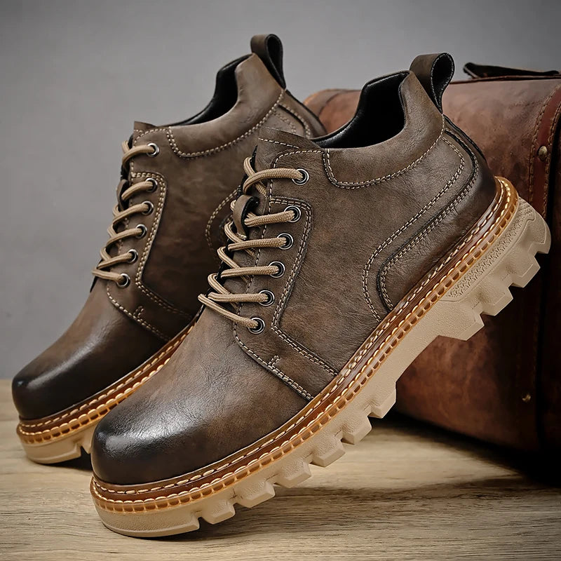 New Genuine Leather Men Boots Cow Leather Upper Durable Sole Lace up Autumn Winter Boots  Daily Leisure Outdoor Shoes For Man