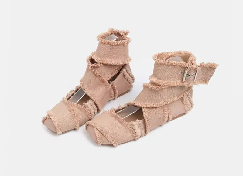 Vintage Tassel Canvas Women Ballet Flats Spring Autumn Soft Soles Dance Walking Shoes Fashion Ankle Strap Mary Janes Girls Shoes