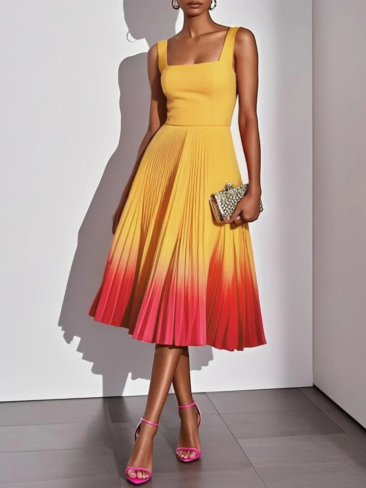 Square Neck Wide Strap Fitted Bodice Gradient Pleated Flared Midi Dress  A Line Elegant Cocktail Party Knee Length Gown