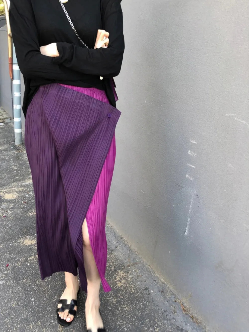 Miyake Pleated Skirt High Waist One Button Stitching Long Asymmetrical Skirt Two Piece Straight Korea Fashion Aesthetic Clothes