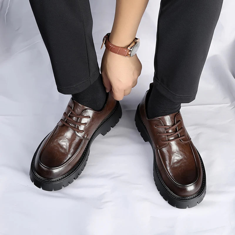 Men's Fashion Genuine Leather British Style Thick Bottom Work Shoes Classic Lace Up Comfortable Anti Slip Big Head Leather Shoes