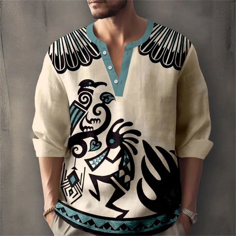 Men's Long-Sleeved Shirt with Retro Print, Stylish Design, Outdoor Casual Henley Collar, Loose Fit, Men's Vacation Top, XS-6XL.