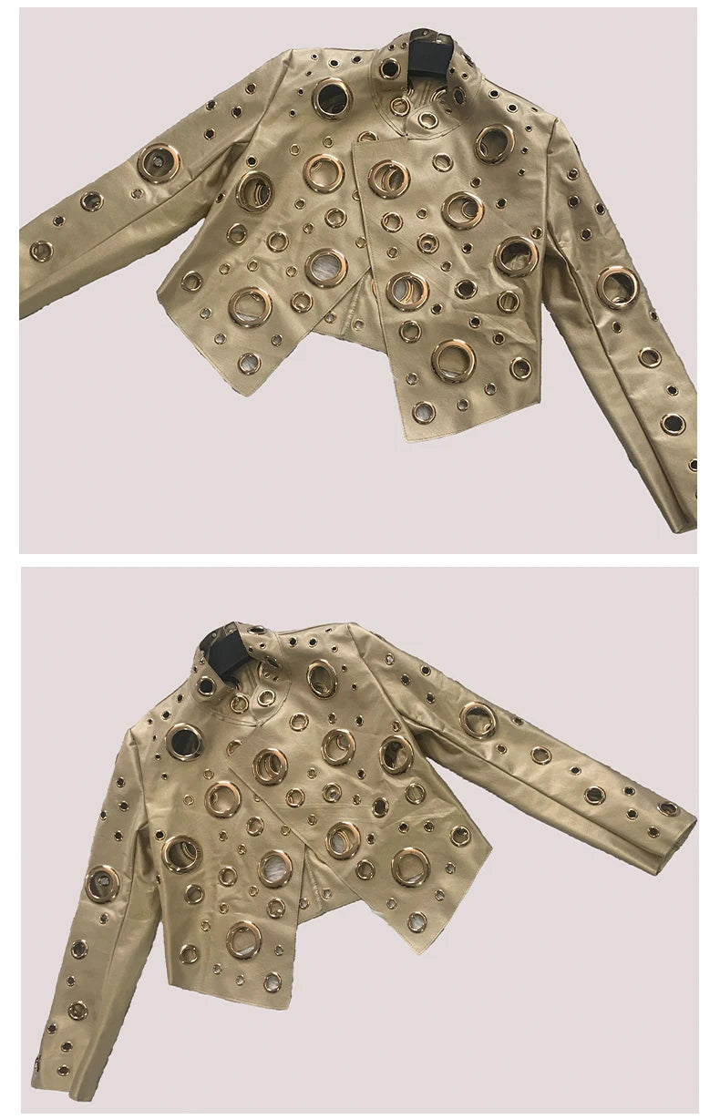 Mauroicardi Spring Short Hollow Out Patchwork Short Pu Leather Jacket Women Cool Luxury Designer European Style Clothes Fashion